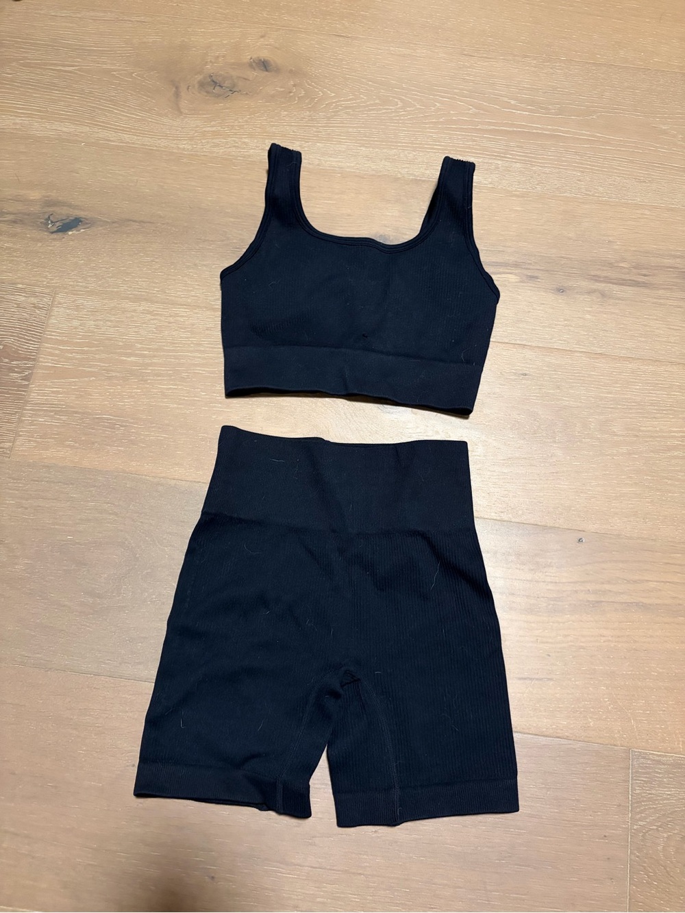 Ribbed Black Two-Piece Active Set - Crop Tank & High-Waist Shorts
